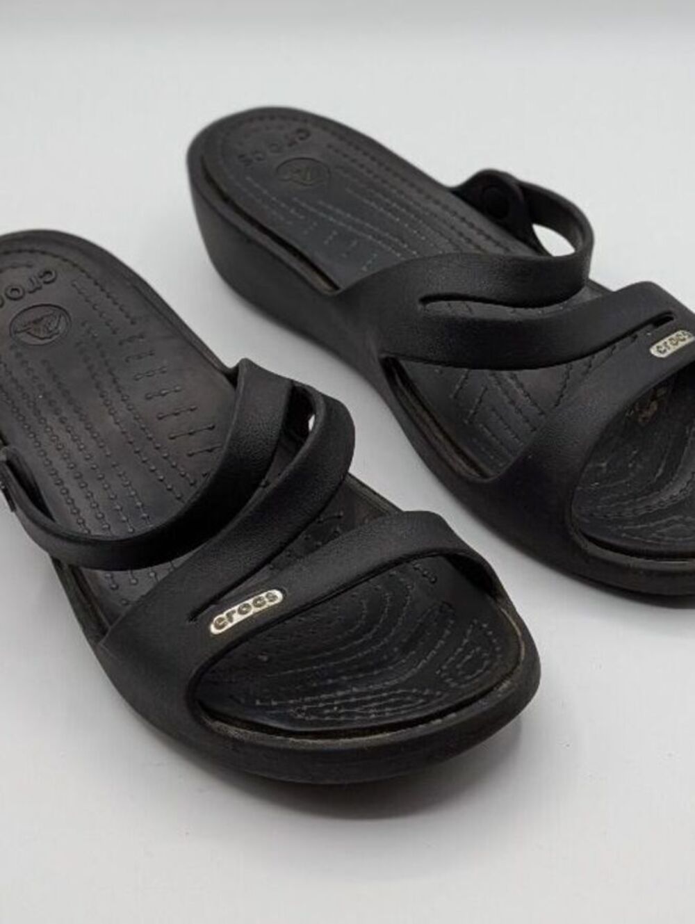 Crocs Size 8 $45 Black Croslite Wedge Slide Sandals Comfort Casual Lightweight